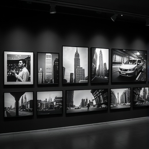 Photography exhibition showcasing urban life and architecture in black and white
