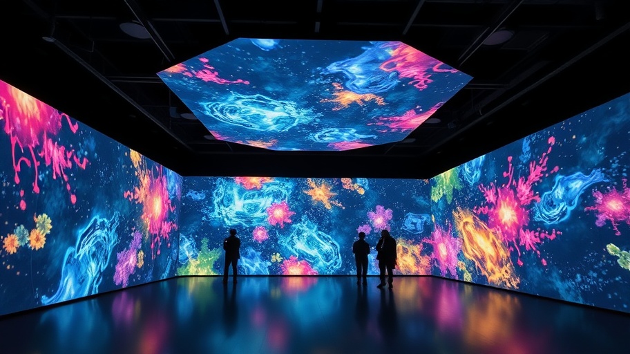 Interactive digital art installation with colorful projections and immersive technology in a dark modern space