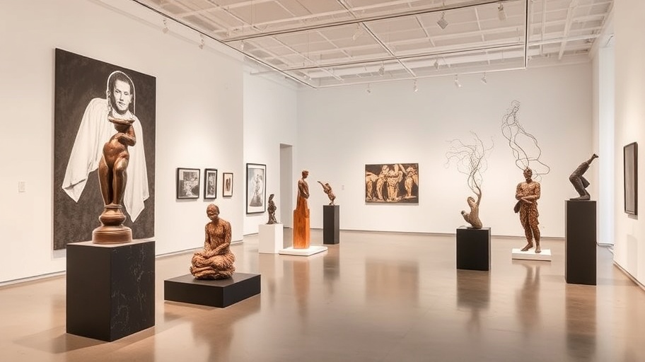 Modern art exhibition featuring contemporary sculptures and installations in a bright gallery space