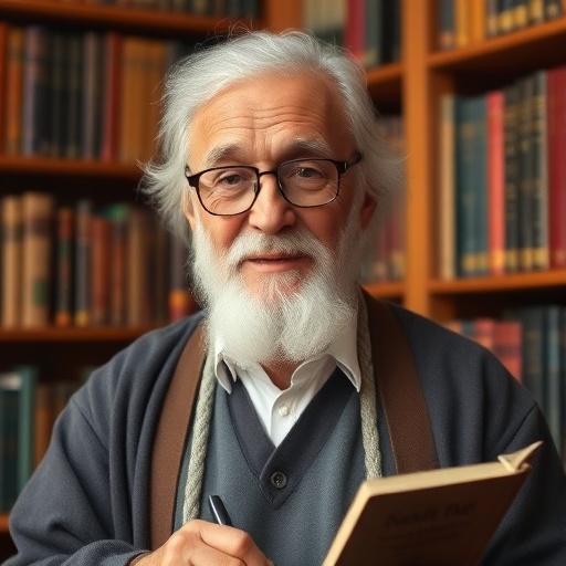 Traditional art enthusiast elderly man with scholarly appearance, library setting
