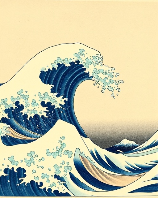 Hokusai's The Great Wave off Kanagawa woodblock print with large wave and Mount Fuji