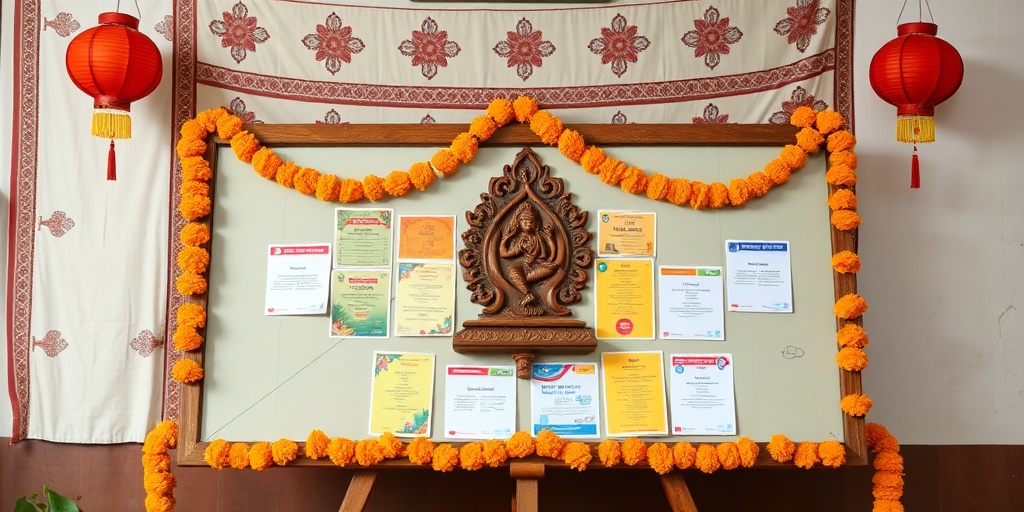 Telugu community news and cultural events announcement board with traditional decorations