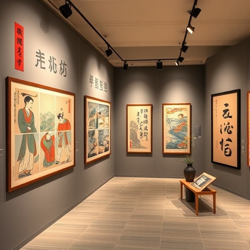 Japanese traditional art exhibition featuring woodblock prints and calligraphy
