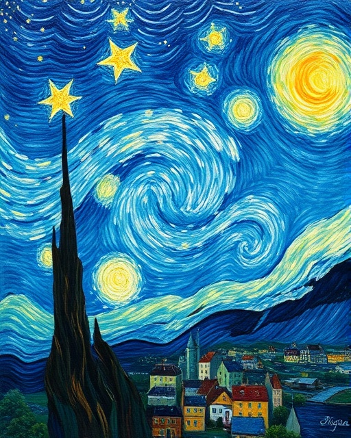 Van Gogh's Starry Night painting with swirling blue sky and yellow stars over a village