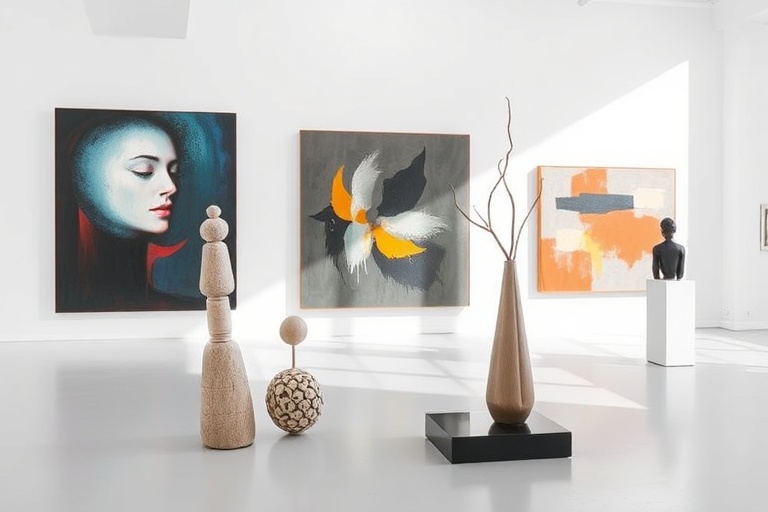 Contemporary art exhibition featuring modern sculptures and abstract paintings in a minimalist white gallery space with natural lighting
