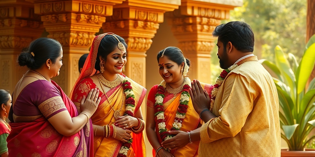 Traditional Telugu wedding ceremony with bride and groom in cultural attire and family blessings