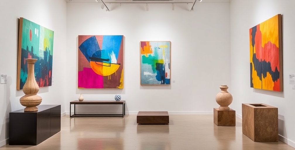 Contemporary art exhibition with vibrant abstract paintings and modern sculptures in bright gallery space
