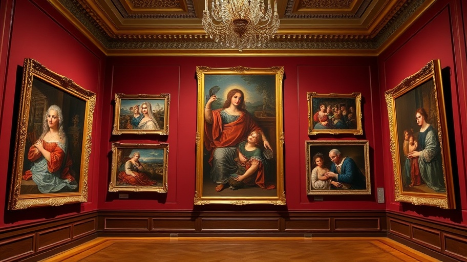 Classical painting exhibition displaying renaissance masterpieces with golden frames in an elegant museum hall