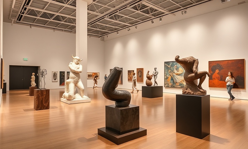 Contemporary art exhibition hall with modern sculptures and interactive installations