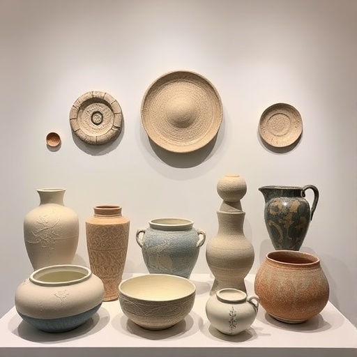 Contemporary ceramic art exhibition with various pottery and porcelain pieces
