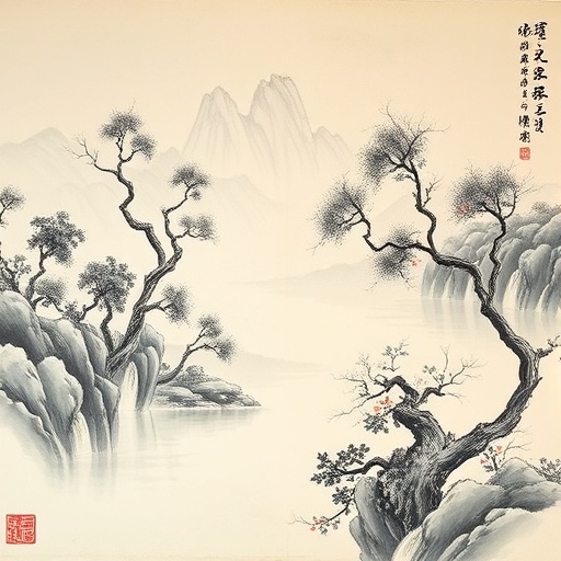 Traditional Chinese ink painting exhibition featuring landscapes and calligraphy