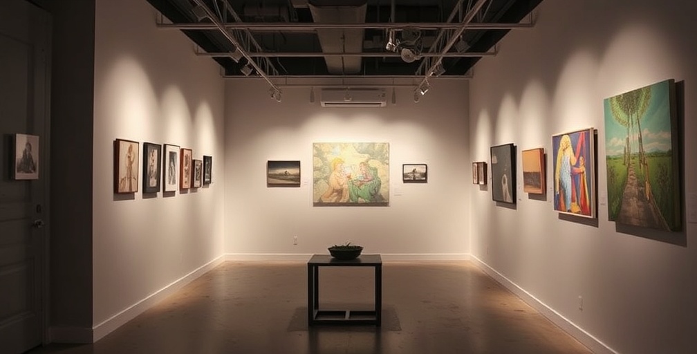 Small indie art exhibition with experimental installations and multimedia art in intimate gallery space