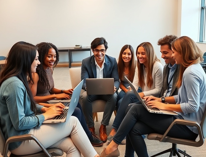Diverse team of young professionals in a modern office, working together on laptops, discussing travel data, friendly and collaborative atmosphere