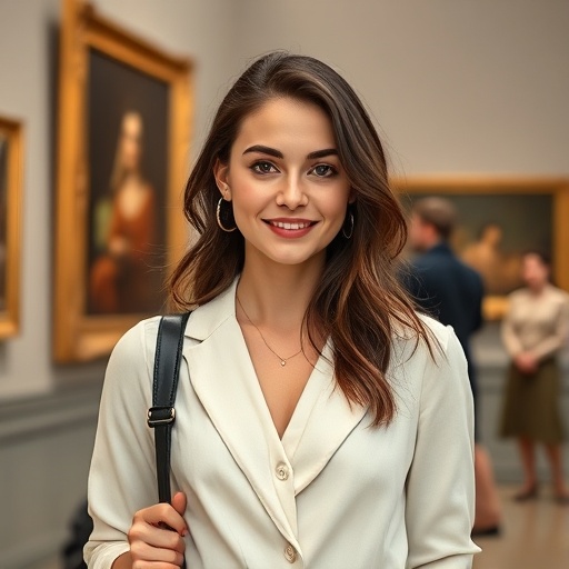 Modern art lover young woman with sophisticated style, museum background