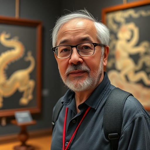 Middle-aged Chinese art enthusiast with glasses in museum setting