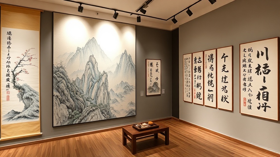 Traditional Chinese ink painting exhibition featuring landscape scrolls and calligraphy works in a serene gallery setting