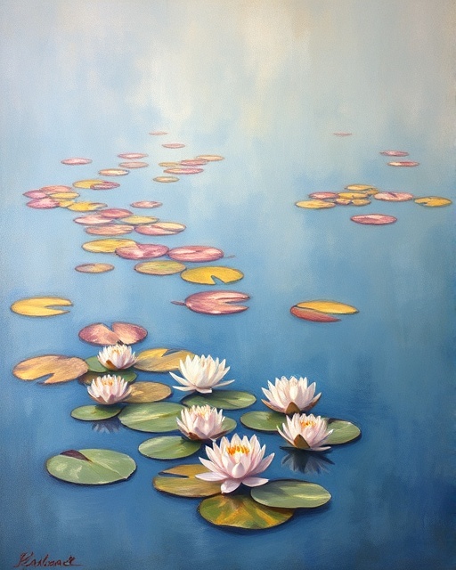 Monet's Water Lilies impressionist painting with peaceful pond and floating lilies in soft colors