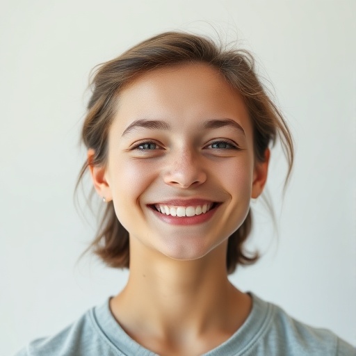 Young artist with gentle smile, natural lighting, clean background
