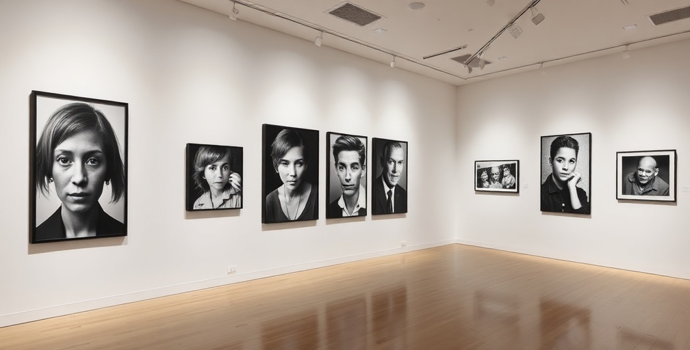 Photography exhibition featuring black and white portraits and street photography in minimalist gallery setting